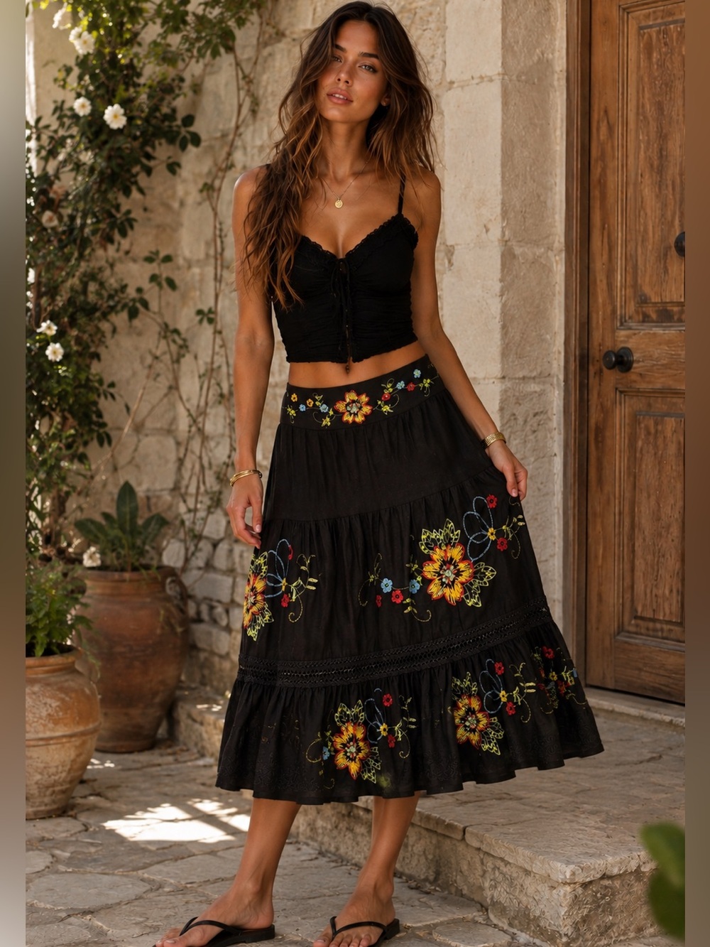 WD.NY Black Embroidered Floral Linen Midi Skirt Boho Cottagecore Size 12